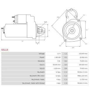 Démarreur 12V 1.80Kw 12 dents RENAULT 7711134793, 7711134802, 7711134934, 8200040415, 8200054336, 8200064465