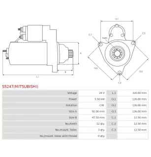 Démarreur 24V 5.50kW 12 dents AS-PL UD14617(MITSUBISHI)S, DELCO 19081035, DRS0636, ISKRA / LETRIKA 11.139.622, AZE4694