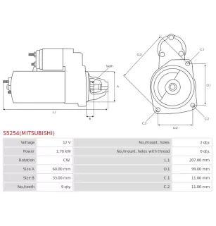 Démarreur 12V 1.70kW 9 dents AS-PL UD100970(MITSUBISHI)S, HONDA 31200-ZY3-003, 31200-ZY3-0032, 31200-ZY3-0034, 31200-ZY3A-0034