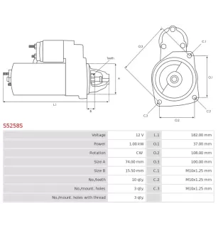 Démarreur 12V 1.00kW 10 dents AS-PL UD03088S, DELCO DRS0709, MAZDA Z66818400, MITSUBISHI M000T33371, M0T33371