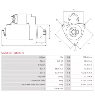 Démarreur 24V 3.70kW 11 dents AS-PL UD14603(MITSUBISHI)S, BOSCH F042001192, DELCO DRS0264, MITSUBISHI M008T85271, M008T85271B