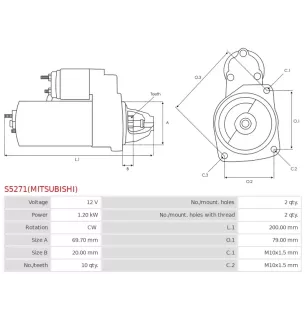 Démarreur 12V 1.20kW 10 dents AS-PL UD100960(MITSUBISHI)S, CARGO 115426, MITSUBISHI M000T33671ZT, M000T37871, M000T37871AM