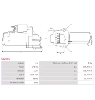 Démarreur 12V 1.40kW Mitsubishi UD13973S 935T11000AB
