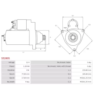 Démarreur 12V 1.20kW 9 dents AS-PL UD14283S, DELCO 16720, DRS3046, MITSUBISHI M002T52381, M002T52382