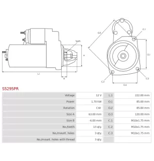 Démarreur 12V 1.70kW 13 dents FIAT 71722374, 71724272, 9624291480