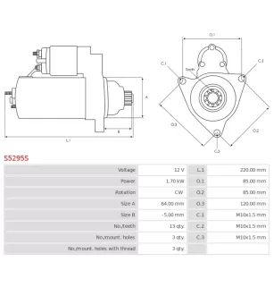 Démarreur 12V 1.70kW 13 dents AS-PL UD03696S, FIAT 71722374, 71724272, 9624291480, 9625382680