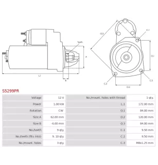 Démarreur 12V 1.00kW 9 dents BOSCH 0001112019, 0001112029, 0001112041