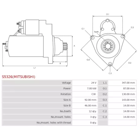 Démarreur 12V 1.40Kw 8 dents MITSUBISHI M009T84171, M009T84171AM, M009T87571, M009T87571AM, M9T84171, M9T84171AM,