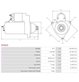 Démarreur 12V 3.60kW 11 dents AS-PL S5302S, UD14924S, UD14925S, CARGO 114818, DELCO DRS0545