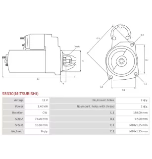 Démarreur 12V 1.40Kw 8 dents MITSUBISHI M0T23571AM, M0T23571ZZ9, M0T85981, MD362207, MD379687, MN176584