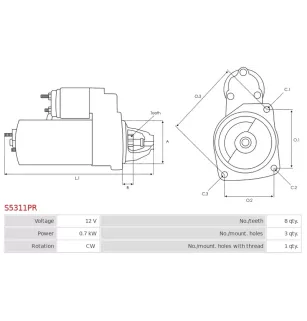 Démarreur 12V 0.7kW 8 dents BOSCH 0986017930, HELLA 8EA012526-961, 8EA737537-001, MITSUBISHI M000T45071, M000T45071ZT