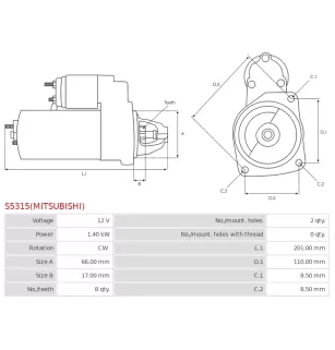 Démarreur 12V 1.40kW 8 dents AS-PL UD100965(MITSUBISHI)S, CARGO 114686, KUBOTA 16824-63011, 16824-63012, 16824-63013