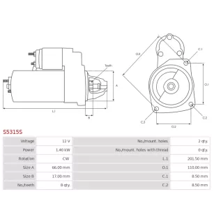 Démarreur 12V 1.40kW 8 dents AS-PL S5315S, UD15032S, CARGO 114686, KUBOTA 16824-63011, 16824-63012