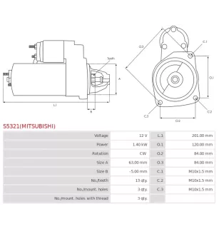 Démarreur 12V 1.40kW 13 dents AS-PL UD100964(MITSUBISHI)S, BOSCH 0986018310, CARGO 114460, DAF 1516779R, FIAT 1342792080