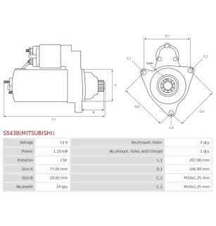 Démarreur 12V 1.20kW 14 dents AS-PL UD100963(MITSUBISHI)S, CARGO 114696, DOOSAN 2.401-00003, 2.401.00003, MITSUBISHI 30L66-10600