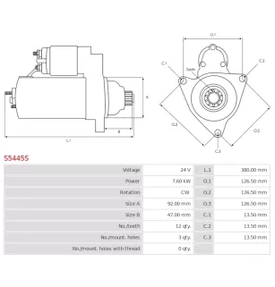 Démarreur 24V 7.60kW 12 dents AS-PL S5445S, UD18619S, CARGO 113827, CUMMINS 3965284, DELCO 19023060