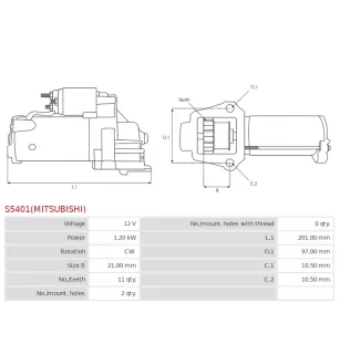 Démarreur 12V 1.20Kw 11 dents MITSUBISHI M0T32871, M000T32871, M0T32871AM, M000T32871AM, DELCO DS1836N, MAZDA LF4J-18-400