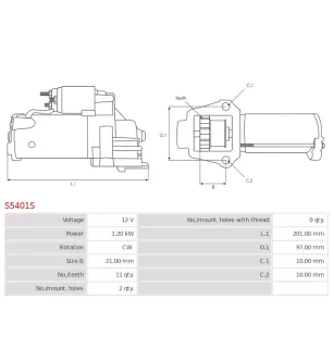 Démarreur 12V 1.20Kw 11 dents MITSUBISHI M0T32871, M000T32871, M0T32871AM, M000T32871AM, DELCO DS1836N, MAZDA LF4J-18-400
