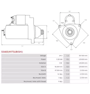 Démarreur 24V 5.50kW 12 dents AS-PL UD14651(MITSUBISHI)S, BOSCH 0001261049, 0986025450, F042001199, F042001203