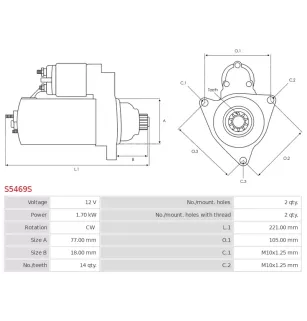 Démarreur 12V 1.70kW 14 dents AS-PL S5469S, UD90582S, CARGO 114444