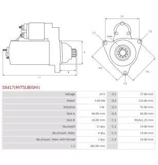 Démarreur 24V 5.00Kw 11 dents MITSUBISHI ME223360, M8T62371AM, M8T62371, M008T62371, M008T62371AM, CASCO CST35673GS