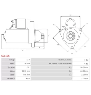 Démarreur 12V 1.40Kw 9 dents MITSUBISHI M000T60081, M000T60081A, M000T60082, M001T60281, M001T60285, M001T60285A