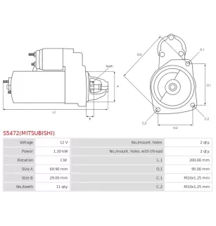 Démarreur 12V 1.30kW 11 dents AS-PL UD100961(MITSUBISHI)S, MITSUBISHI 1810A204, M000T38971, M000T38971AM, M0T38971