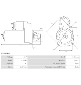 Démarreur 12V 1.70kW 12 dents FIAT 71722374, 71724272, 9624291480, 9625382680, 9625383080