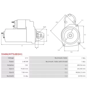 Démarreur 12V 1.40kW 11 dents AS-PL UD100054(MITSUBISHI)S, BOSCH 0986029260, CARGO 116251, DELCO DRS0929, DS2039