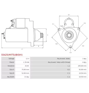 Démarreur 12V 1.70Kw 13 dents MITSUBISHI M000TA0072ZC, M000TA0073, M000TA0073ZC, M000TA0074, M000TA0074AM, M000TB0272ZC