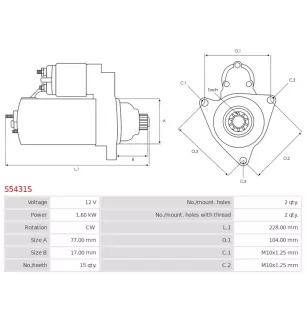 Démarreur 12V 1.60Kw 15 dents MITSUBISHI M2T50285, M2T53681, MM314604, MM317600, MM317602, MM317604