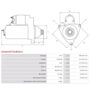 Démarreur 24V 7.00kW 12 dents AS-PL UD100031(MITSUBISHI)S, UD100852(MITSUBISHI)S, BOSCH 0001330050, 0001350032, 0986022980