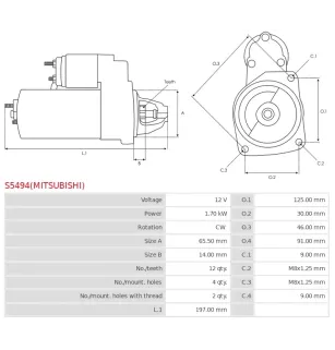 Démarreur 12V 1.70kW 12 dents AS-PL UD100038(MITSUBISHI)S, MITSUBISHI M000T22471, M000T22471AM, M000T22472, M000T22472AM