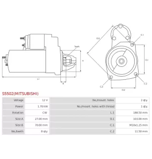 Démarreur 12V 1.70kW 8 dents AS-PL UD100040(MITSUBISHI)S, DELCO 16150, DRS0927, MITSUBISHI M000T23171, M000T23171AM