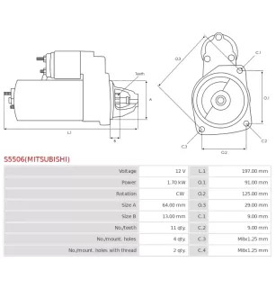 Démarreur 12V 1.70kW 11 dents AS-PL UD100042(MITSUBISHI)S, MITSUBISHI M000T24671, M000T24671AM, M0T24671, M0T24671AM