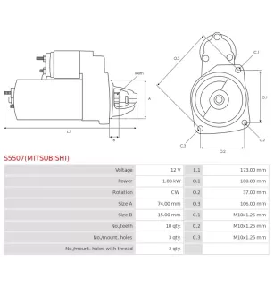 Démarreur 12V 1.00kW 10 dents AS-PL UD100043(MITSUBISHI)S, BOSCH 0986025290, 0986CN1623, 0986CR1623, CARGO 115639