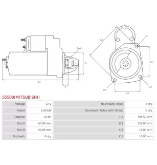 Démarreur 12V 1.00kW 8 dents AS-PL UD100044(MITSUBISHI)S, DELCO DRS0868, MITSUBISHI M000T33171, M000T33176, M000T33176AM