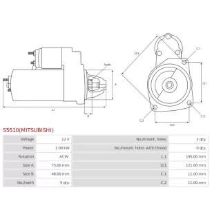 Démarreur 12V 1.00kW 9 dents AS-PL UD100045(MITSUBISHI)S, DELCO DRS0928, MITSUBISHI M000T34271,, M000T34271AM, M0T34271