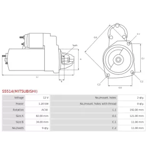 Démarreur 12V 1.20kW 9 dents AS-PL UD100048(MITSUBISHI)S, MITSUBISHI M000T38571, M000T38571AM, M000T38571ZC, M0T38571