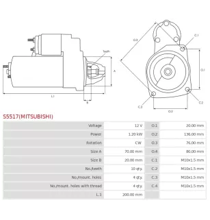 Démarreur 12V 1.20kW 10 dents AS-PL UD100047(MITSUBISHI)S, MITSUBISHI M000T37971, M000T37971AM, M000T37971ZE, M0T37971