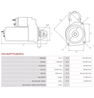 Démarreur 12V 1.80kW 9 dents AS-PL UD100065(MITSUBISHI)S, BOSCH 0986026410, HONDA SH0218400, MAZDA SH1218400, SH1B