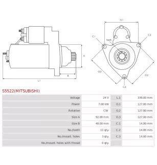 Démarreur 24V 7.00kW 11 dents AS-PL UD100079(MITSUBISHI)S, MAN 51.26201-7261, 51.26201-7288, MITSUBISHI M009T86171, M009T86171AM