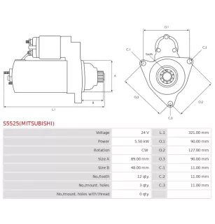 Démarreur 24V 5.50kW 12 dents AS-PL UD100078(MITSUBISHI)S, CUMMINS 5344130, MITSUBISHI M009T69871, M009T69871A, M009T69871AM