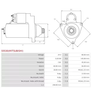 Démarreur 24V 3.20kW 9 dents AS-PL UD14602(MITSUBISHI)S, MITSUBISHI M002T67981, M008T80071, M008T80071A, M008T80071AM