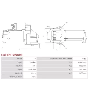 Démarreur 12V 1.40kW 11 dents AS-PL UD100959(MITSUBISHI)S, DELCO DRS0899, MAZDA L327-18-400, L509-18-400, MITSUBISHI M000T36871