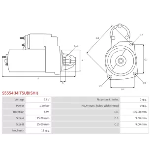 Démarreur 12V 1.20kW 11 dents AS-PL UD100958(MITSUBISHI)S, DELCO DRS0848, MITSUBISHI 1810A185, M000T33771, M000T33771AM