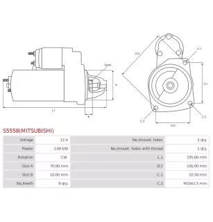 Démarreur 12V 1.00kW 8 dents AS-PL UD100845(MITSUBISHI)S, MITSUBISHI M000T84585, M000T84585AM, M0T84585, M0T84585AM