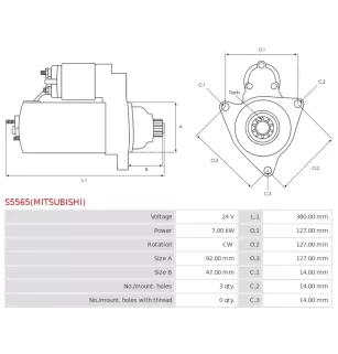 Démarreur 24V 7.00kW AS-PL UD14638(MITSUBISHI)S, CARGO 115888, MITSUBISHI M009T82671, M009T82671AM, M009T82672