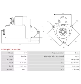 Démarreur 12V 2.00kW 13 dents AS-PL UD14732(MITSUBISHI)S, CATERPILLAR 1958486, MITSUBISHI 31A66-00102, 31A66-10100, 31A66-10101