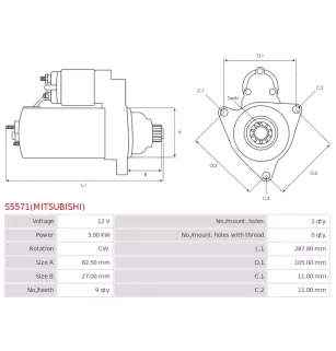 Démarreur 12V 3.00kW 9 dents AS-PL UD100972(MITSUBISHI)S, KUBOTA 1G777-63010, 1G777-63011, 1G777-63012, 1G777-63013